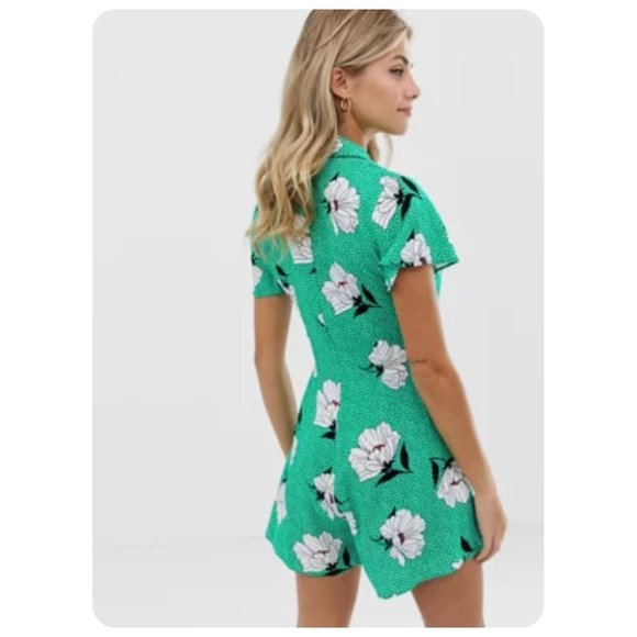 ASOS Button Front Tea Romper Green Floral Polka Dot Short Sleeve sz 4 - Picture 2 of 7